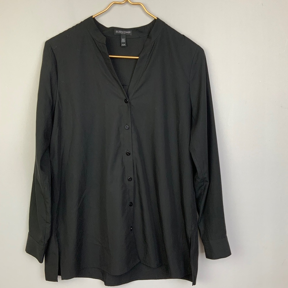 Eileen Fisher Sz Petite Small Black Tencel Lyocell Button Down Tunic Blouse Top
